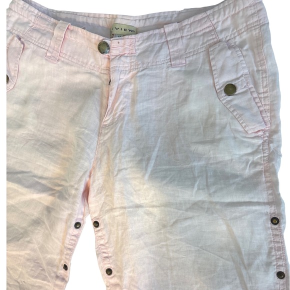 Review Pink Linen Blend Cropped Capri‎ Pants Women Size 44 Snap Button Detail - Picture 2 of 8